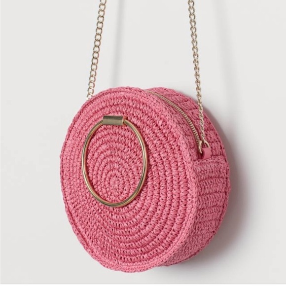 H&M BLOGGER PINK & GOLD ROUND STRAW CROSSBODY BAG PURSE - Picture 1 of 7
